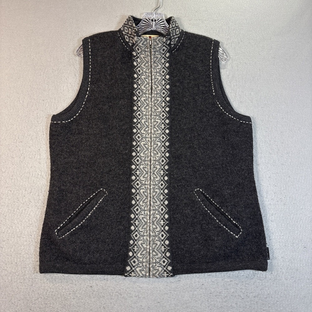 Woolrich Vest Women's XL Gray Aztec Geometric 100% Lambs Wool Full ZIp EUC